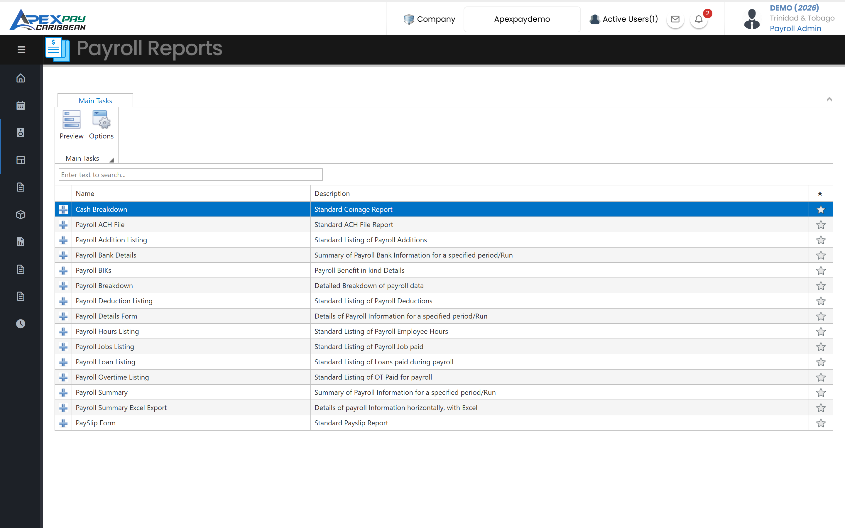 Payroll reports catalogue