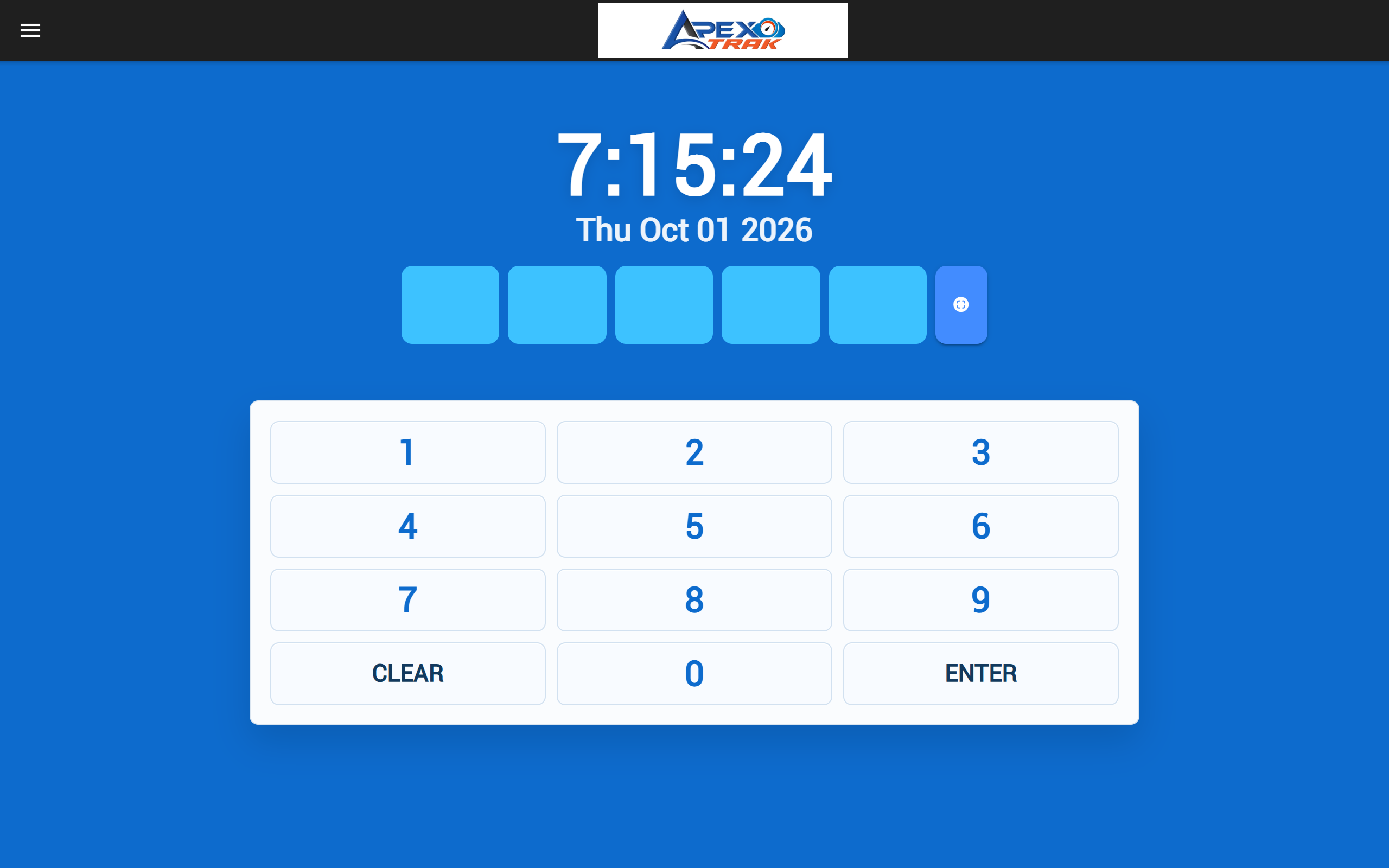 ApexTrak timeclock kiosk on a tablet with clock and PIN keypad